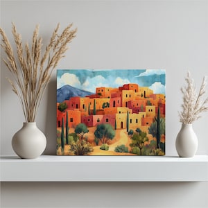 Southwestern pueblo scene on canvas featuring orange adobe walls and winding sandy path.