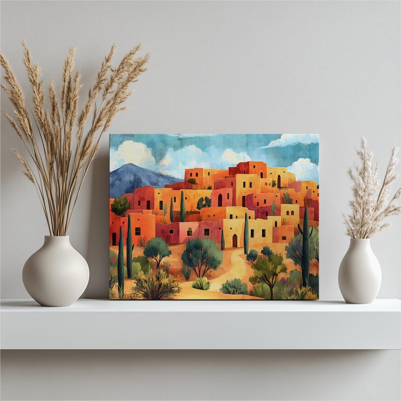 Southwestern pueblo scene on canvas featuring orange adobe walls and winding sandy path.