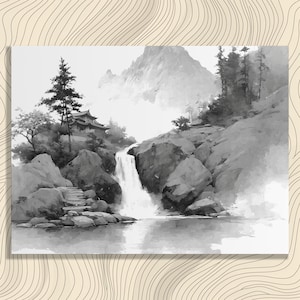 Serene Temple Landscape Canvas Wall Art - Minimal Ink Wash Painting Print Decor Gift for Nature Lovers Tranquil Mountain Waterfall Landscape