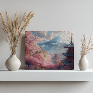 Japan Canvas Wall Art - Serene Cherry Blossom Landscape with Mount Fuji and Vibrant Pagodas - Traditional Japanese Nature Scene Print for