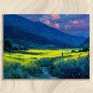 May include: An art print depicting a serene landscape with a path leading through a field of yellow flowers. Dark blue mountains and a twilight sky with pink and yellow hues create a tranquil scene. A solitary figure stands in the distance.