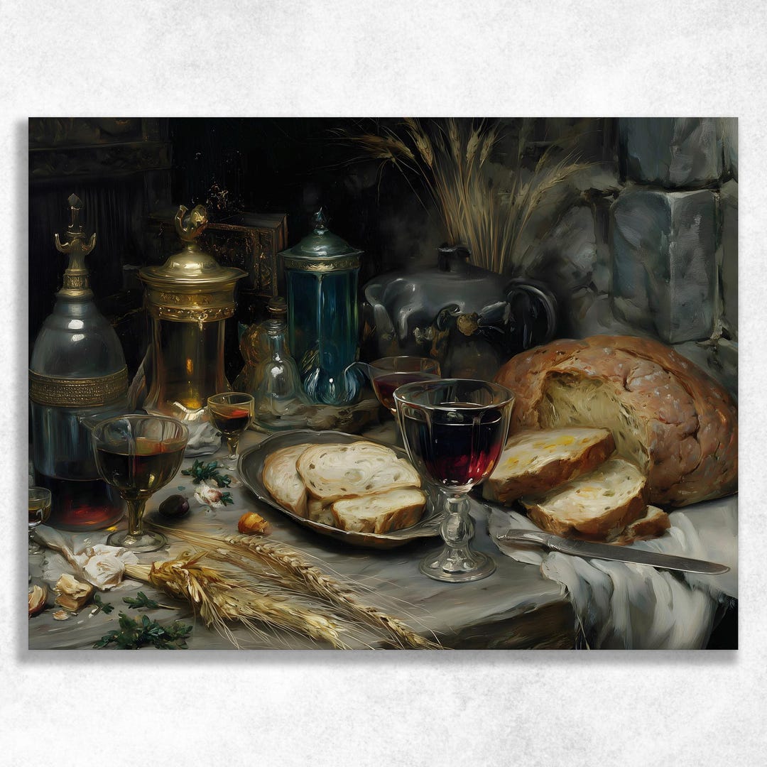 Classic Bread and Wine Canvas Wall Art – Rustic Still Life Painting ...