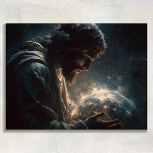 May include: An artistic depiction of a figure with long hair and a beard, gazing down at a glowing sphere, possibly representing Earth. The artwork is set against a dark, starry background, with a soft, ethereal glow.