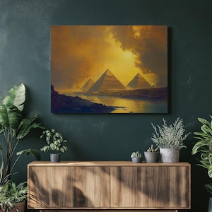 Egypt Canvas Wall Art Print – Pyramids of Giza Sunset Painting and Nile River Landscape Decor, Modern Home Wall Art, Perfect Art Gift