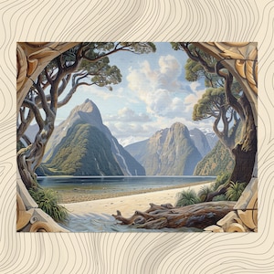 New Zealand canvas wall art, high detail scenic oil paint Milford Sound Maori carvings detailed cinematic decoration nostalgic wallart