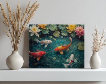 Koi Pond Serenity Canvas Wall Art Print - Vibrant Koi Fish Lotus Lily Pads Painting Decor, Tranquil Nature Scene for Home Office Gift