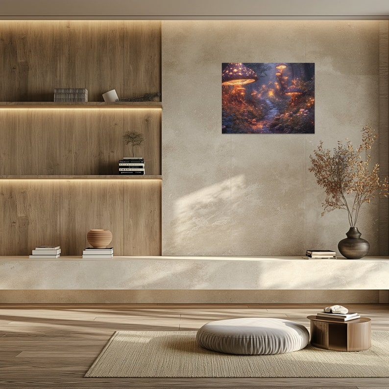 Enchanted Mushroom Forest Canvas Wall Art, Mystical Forest Scene With