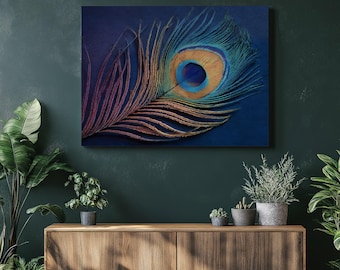 Cuadro de pared con pluma de pavo real - lienzo de pluma de pavo real, decoración de pared con lienzo de pluma, impresión artística de pared, decoración azul y verde, impresión de naturaleza, pluma de ave