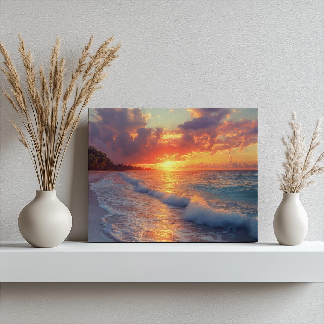 Tropical Beach Sunset Canvas Wall Art - Glowing Shoreline Waves and ...