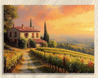 Könnte beinhalten: Ein Gemälde einer toskanischen Landschaft bei Sonnenuntergang. Ein Steinhaus mit rotem Ziegeldach steht auf einem Hügel, umgeben von Weinbergen. Der Himmel ist eine Mischung aus Orange- und Gelbtönen mit einer hellen Sonne.