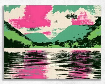 Quadro decorativo em tela com lago nas montanhas em tons neon, estampa de paisagem com nuvens magenta, colinas esmeralda e reflexo em tinta preta para sala de estar.