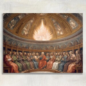 Peut inclure: Peinture détaillée représentant un rassemblement de personnages dans une chambre en dôme. Les personnages portent des robes de différentes couleurs, avec une figure centrale en rouge. Une lumière vive émane du centre du dôme.