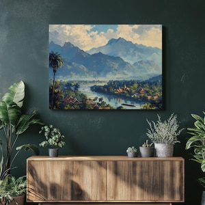 Catchy Laos Canvas Wall Art Nostalgic Luang Prabang Detailed Painting for Living Room Decoration Glittering, Inexpensive Canvas Wall Artwork