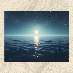 Lienzo decorativo con océano iluminado por la luna, hermoso cielo nocturno sobre el agua, decoración única para el hogar, regalo ideal para amantes del océano, paisaje elegante, obra de arte para la oficina.