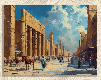 Detailed Iraq Canvas Wall Art, Fine Oil Painting Featuring Mesopotamian Ruins & Traditional Bazaars, High Quality Poster Print, Cinematic