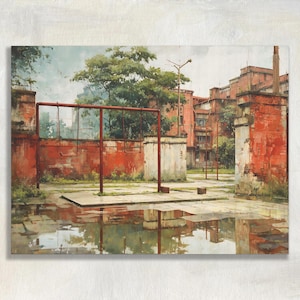 Rainy Schoolyard Canvas Wall Art, Monkey Bars Oil Painting, Red Brick Playground Print, Nostalgic Urban Teacher Decor for Office