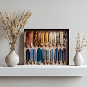 Natuurlijke verencollectie canvas muurkunst – Boho rustiek verendecor Natuurafdruk ingelijste vogelveren botanisk jutedekor