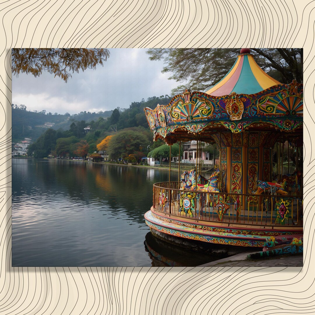 Colorful Lake Carousel Canvas Wall Art - Whimsical Fairground Autumn ...