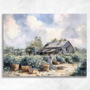May include: Watercolor painting of a rural scene featuring a person harvesting blueberries. Wicker baskets are filled with the fruit. A weathered barn and cloudy sky complete the idyllic farm setting.