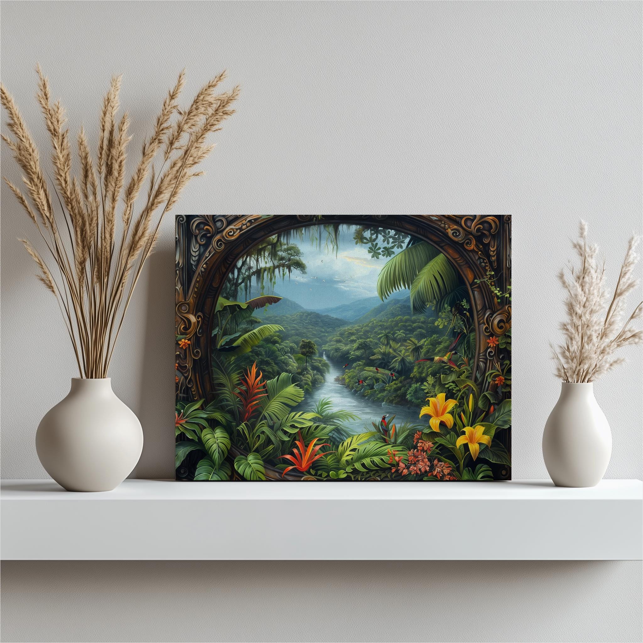 ブラジル　アマゾン　木彫り　アート Brazil Canvas Wall Art, Exotic Amazon Rainforest Painting Lush