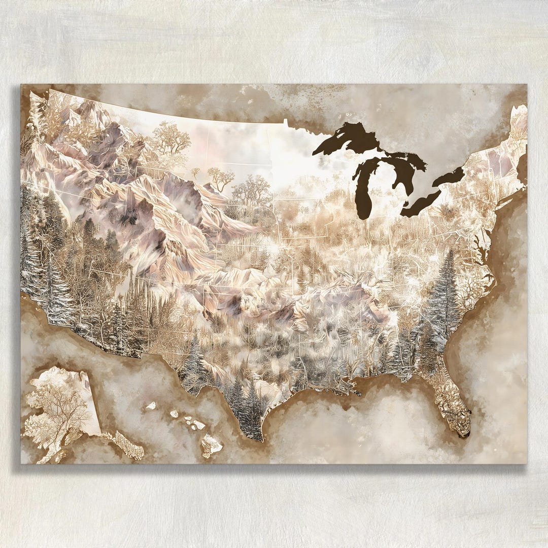 United States Map Canvas Wall Art - Neutral Mountain Watercolor