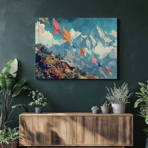 Nepal Canvas Wall Art, Detailed Himalayan Landscape Painting, Traditional Prayer Flags, Nostalgic Elements, High Detail, Cinematic Lighting