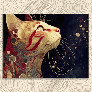 Gilded Feline Canvas Wall Art - Gold Navy Deco Cat Portrait Print, Animal Lover Gift, Modern Boho Home Decor, Gold Leaf Swirl Pattern