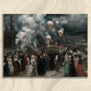Op de afbeelding: Een antiek schilderij toont een menigte die zich 's nachts in de open lucht heeft verzameld, met talrijke luchtballonnen die opstijgen in een rokerige lucht. De scène toont figuren in historische kleding, met een donkere, dramatische sfeer.