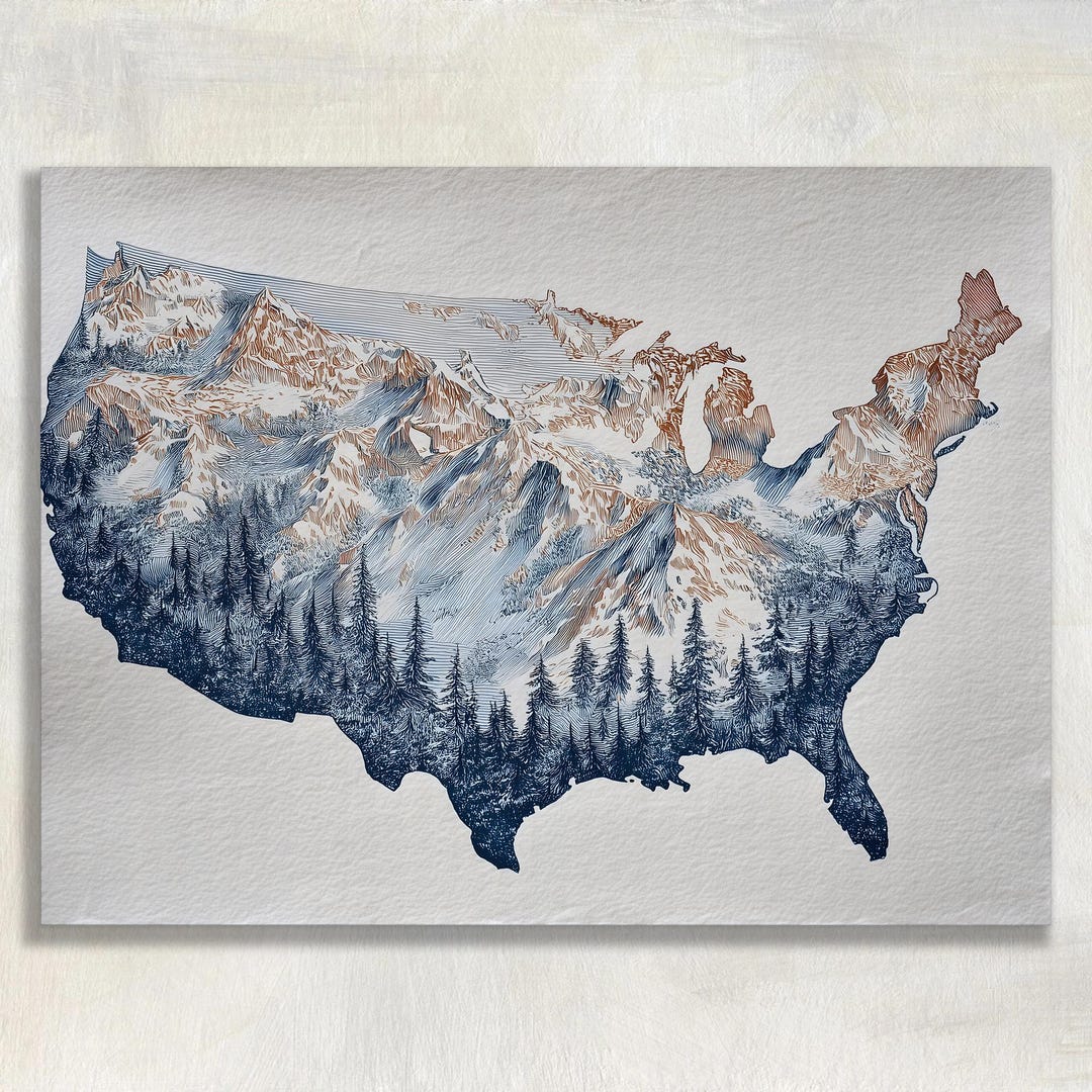 United States Map Canvas Wall Art - Mountain Forest Landscape Print on