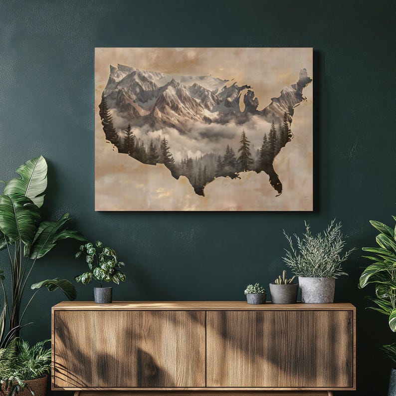 United States Map Canvas Wall Art - Vintage Rustic Mountains Forest