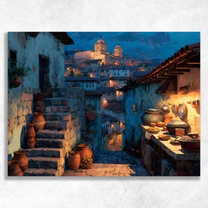 May include: A print depicting a charming village scene at dusk. The image shows stone steps, terracotta pots, and buildings illuminated by warm light. A distant church is visible under a twilight sky, creating a peaceful atmosphere.