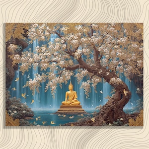 May include: A serene painting depicts a golden Buddha statue seated in meditation. The scene is set near a waterfall, with a large tree adorned with white blossoms. Birds and butterflies add to the tranquil atmosphere. The artwork has a detailed, artistic style.