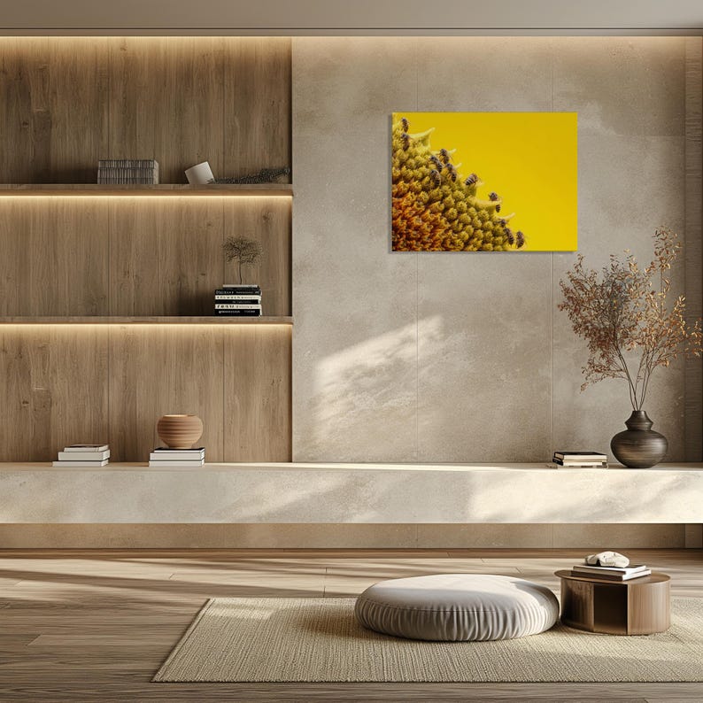 Sunflower Bees Macro canvas wall art – Vibrant nature photography pollination closeup yellow flower wildlife print colorful macro canvas image 5