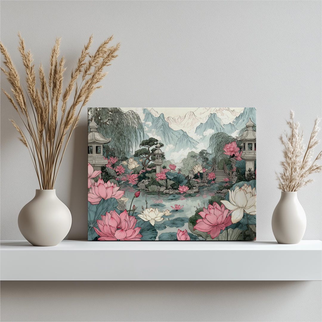 Lotus Pond Japanese Canvas Wall Art – Traditional Zen Garden Print ...