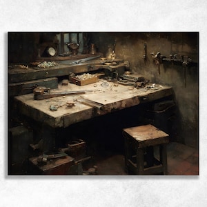 May include: A dimly lit workshop featuring a heavy wooden workbench cluttered with various metal tools, small components, and a wooden stool. The workspace includes a clock, a small box of hardware, and wall-mounted equipment in a dark, rustic setting.