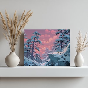 Winter Mountain Sunset Canvas Wall Art – snow covered pines pink sky nature print digital illustration canary bird scene colorful landscape