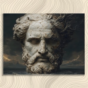 May include: A digital art print of a weathered, marble-like sculpture of a bearded male head emerging from water. The artwork features a dramatic sky with lightning and dark clouds, creating a powerful and evocative scene.