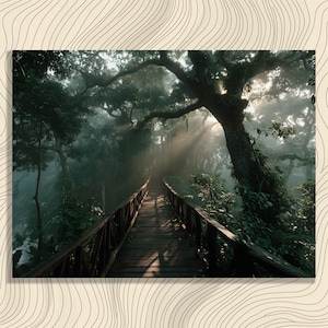 May include: A wooden footbridge extends through a dense, misty forest with dark green foliage and large trees. Sunlight filters through the canopy in bright rays, illuminating the path and creating shadows on the planks of the bridge railing.