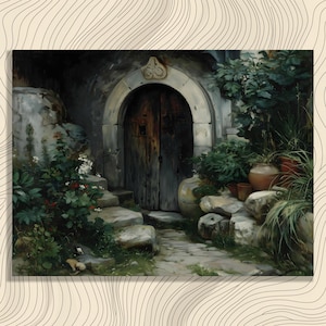 May include: An oil painting of a rustic wooden door framed by a stone arch, with stone steps and greenery. The artwork uses a muted colour palette, highlighting texture and light. The scene evokes a sense of peace and invites the viewer to explore the setting.