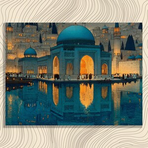 May include: An artistic rendering of a grand mosque with a large blue dome, reflected in the water below. The image depicts a city at dusk, with warm lighting illuminating the buildings and figures. The artwork has a detailed, painterly style.