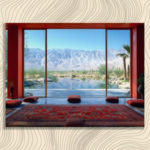 Serene Desert Mountain Canvas Wall Art - Tranquil Interior Window View Desert Landscape Painting Modern Home Decor Nature Scene