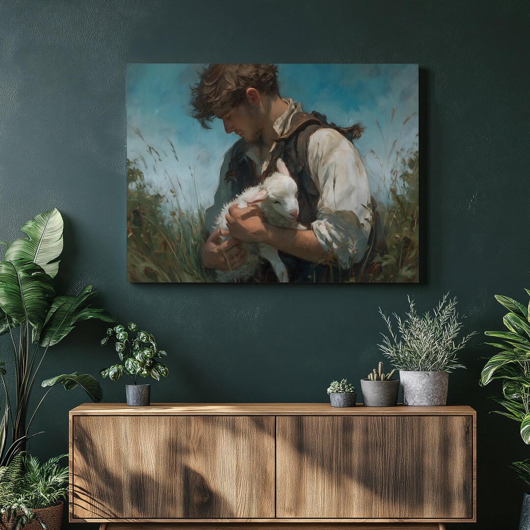 Shepherd and Lamb Canvas Wall Art – Pastoral Countryside Painting Print ...