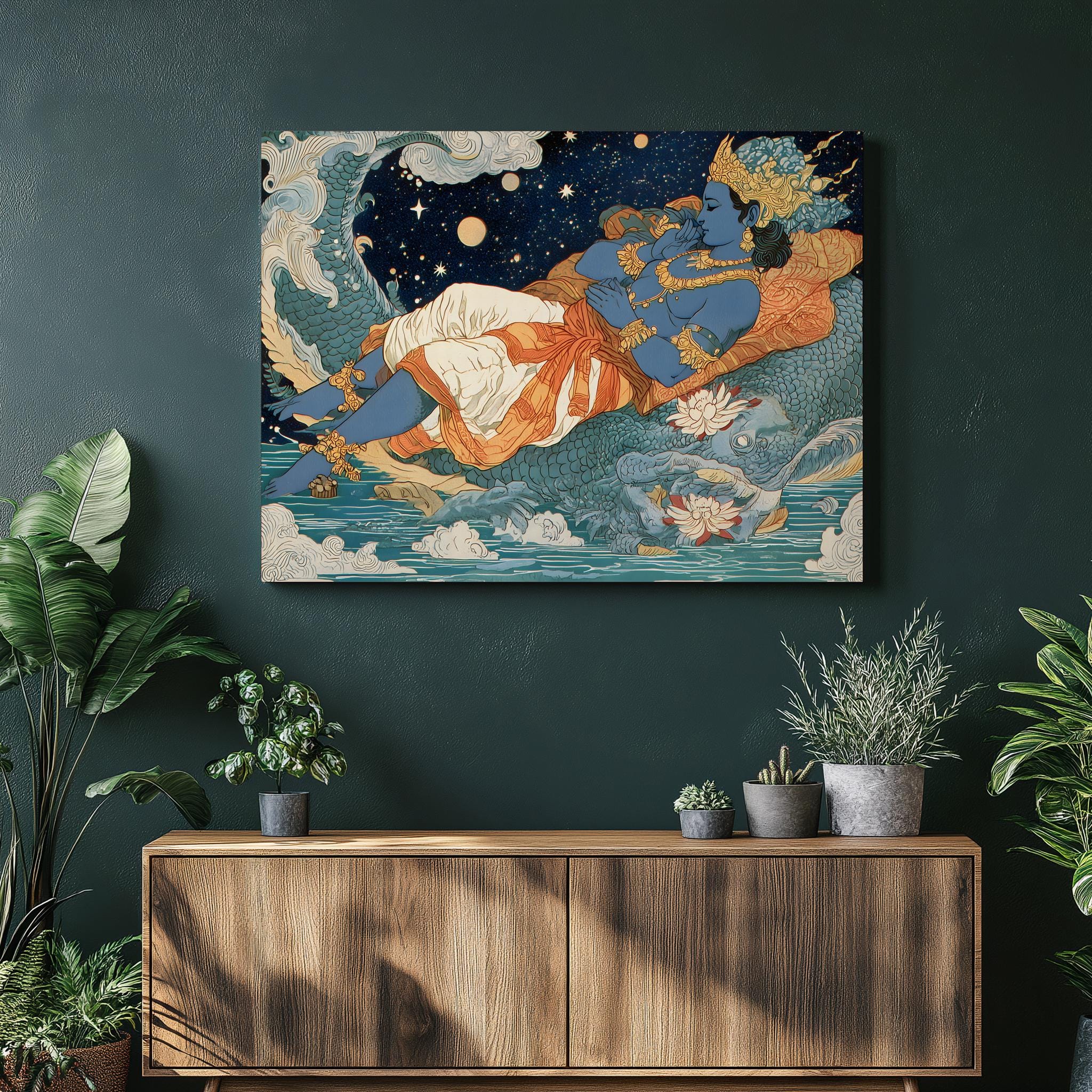 Vishnu Cosmic Ocean Canvas Wall Art - Vintage Hindu God Painting Print ...