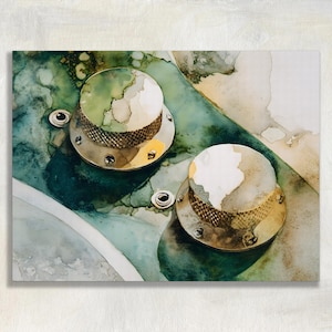 以下が含まれることがあります： 金色のメッシュバンドとシルバーのスタッドが付いた2つの指ぬきの水彩画。指ぬきは、緑、青、ベージュの水彩ウォッシュの背景にあります。指ぬきは白と緑のトップを持っています。