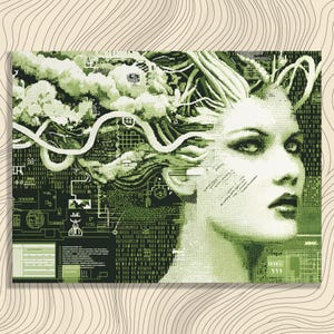 Może przedstawiać: Cyfrowy wydruk artystyczny przedstawiający twarz kobiety z zielonymi obwodami i kształtami przypominającymi chmury, które wychodzą z jej włosów. Grafika ma pikselowy styl i futurystyczny motyw, z ciemnozieloną i jasnozieloną paletą kolorów.