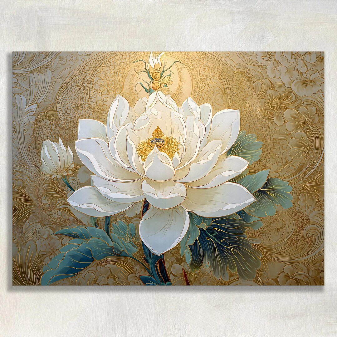 White Lotus Canvas Wall Art - Gold Mandala Floral Painting Zen Inspired ...
