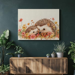 Hedgehog Canvas Wall Art Print, Cute Mother Baby Hedgehog Painting, Floral Garden Decor for Nursery Bedroom, Nature Inspired Art Gift
