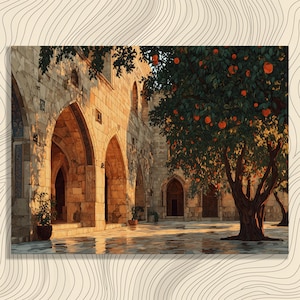 Peut inclure: Représentation artistique d'une cour avec des arches en pierre et un oranger. La scène est baignée de soleil, créant une atmosphère paisible. L'architecture évoque un cadre méditerranéen ou moyen-oriental, avec des tons chauds.
