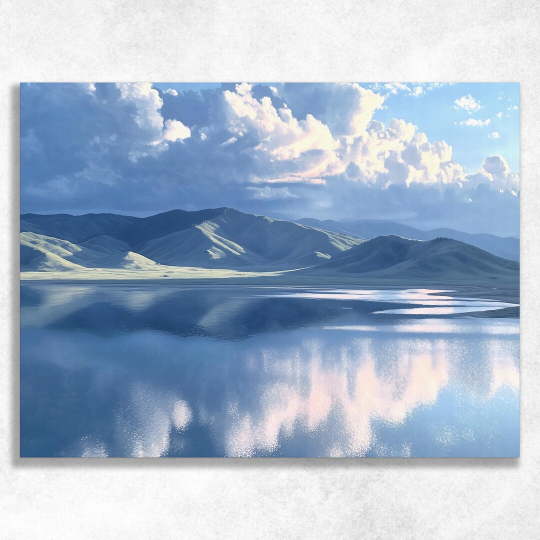 Serene Mountain Lake Canvas Wall Art - Modern Blue Nature Landscape ...
