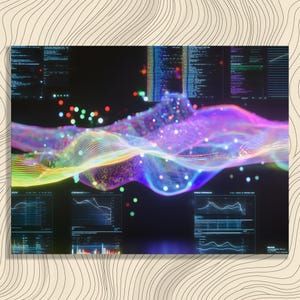 Könnte beinhalten: Digitales Kunstwerk mit einem lebendigen, mehrfarbigen Wellenmuster mit Datenvisualisierungen und Code-Anzeigen. Das Kunstwerk verwendet eine Palette aus Blau-, Lila-, Grün- und Gelbtönen und erzeugt eine dynamische und futuristische Ästhetik.